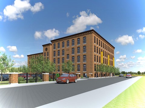 a rendering of a building with a red car parked in front of it