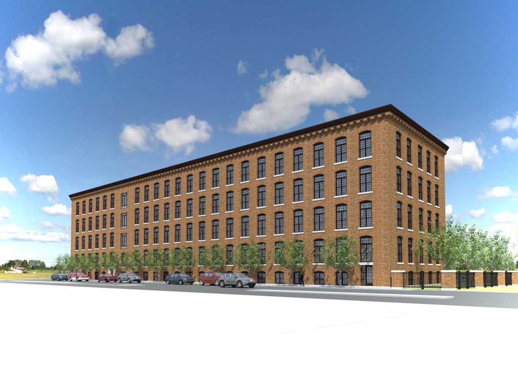 a rendering of a brick building with cars parked in front of it
