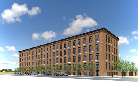 a rendering of a brick building with cars parked in front of it
