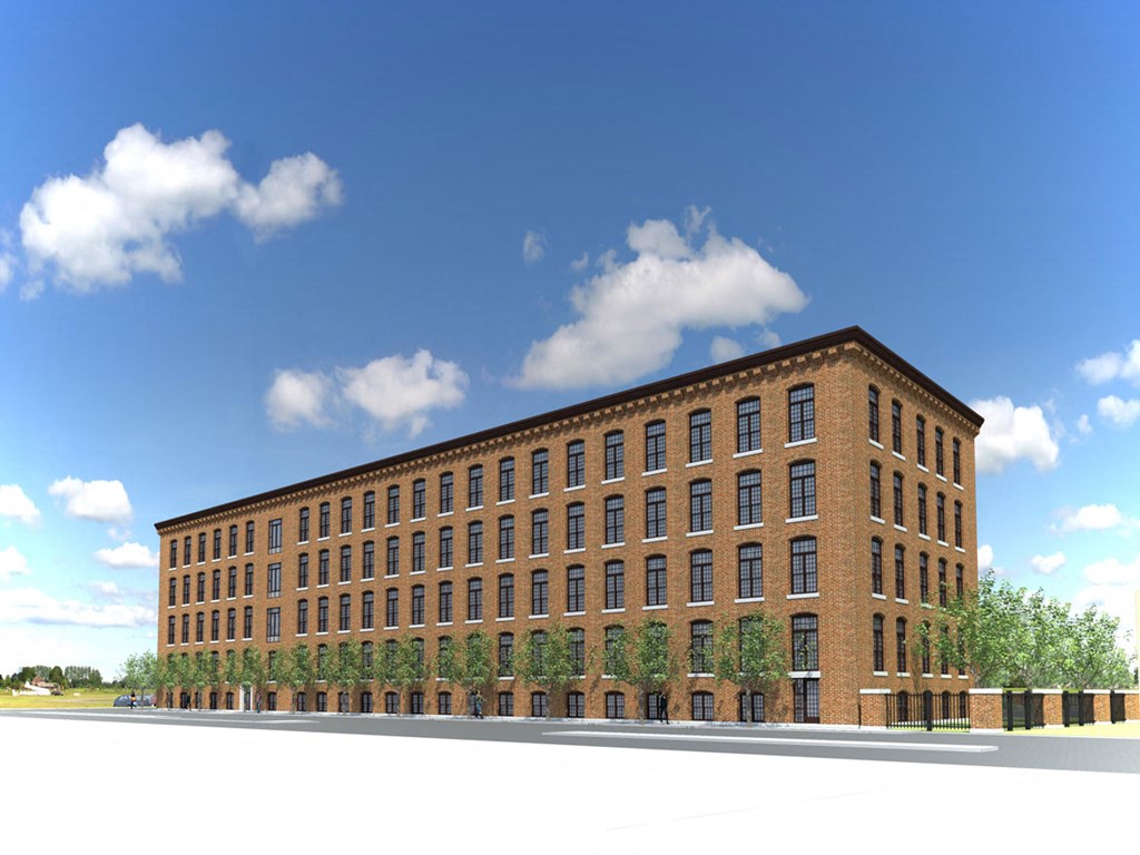 a rendering of a large brick building with trees in front of it