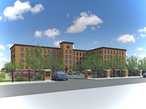 a rendering of a large brick building with a parking lot