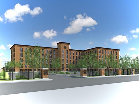 a rendering of a large brick building with trees in front of it