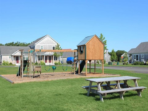 a playground with a house and a picnic table