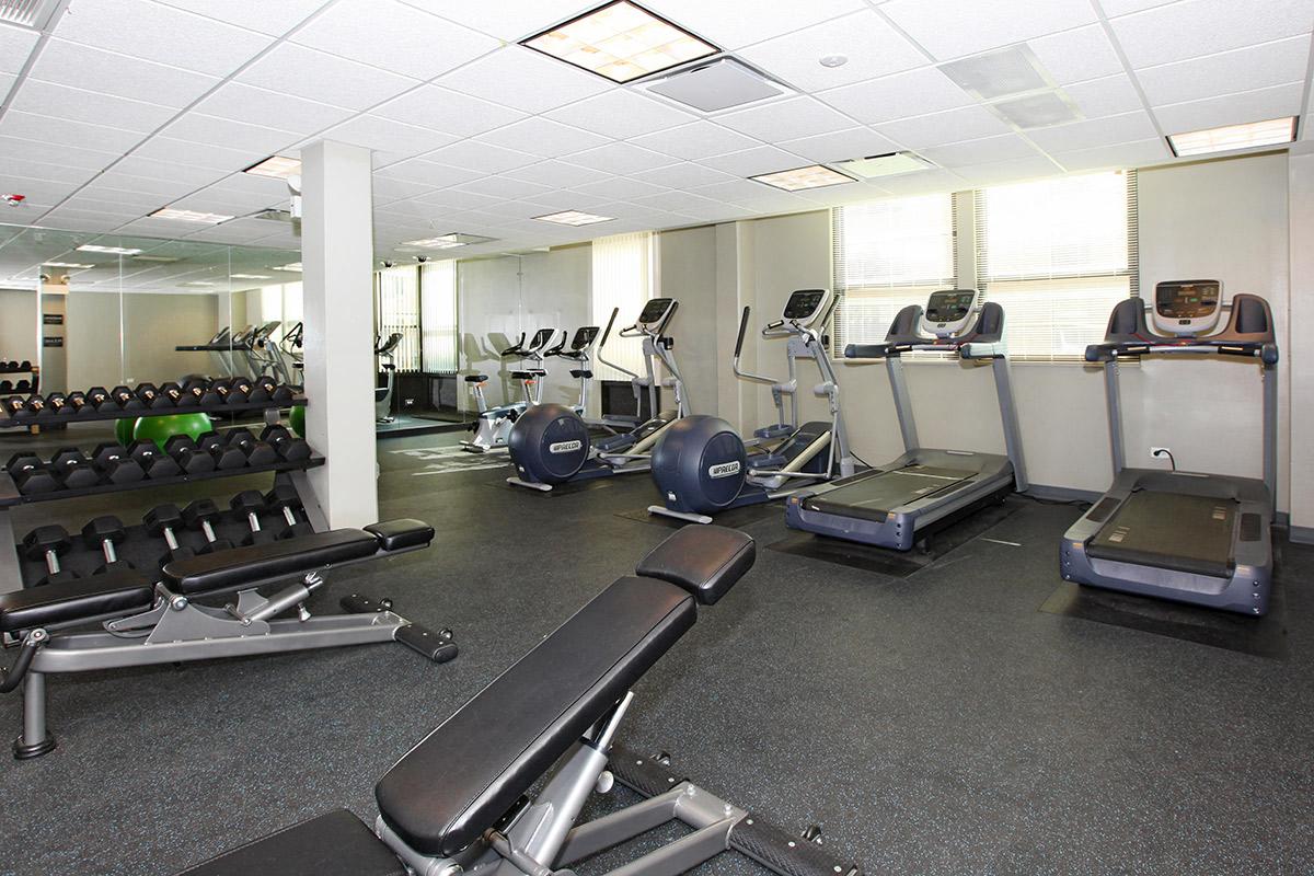 a gym with cardio equipment and weights on the floor