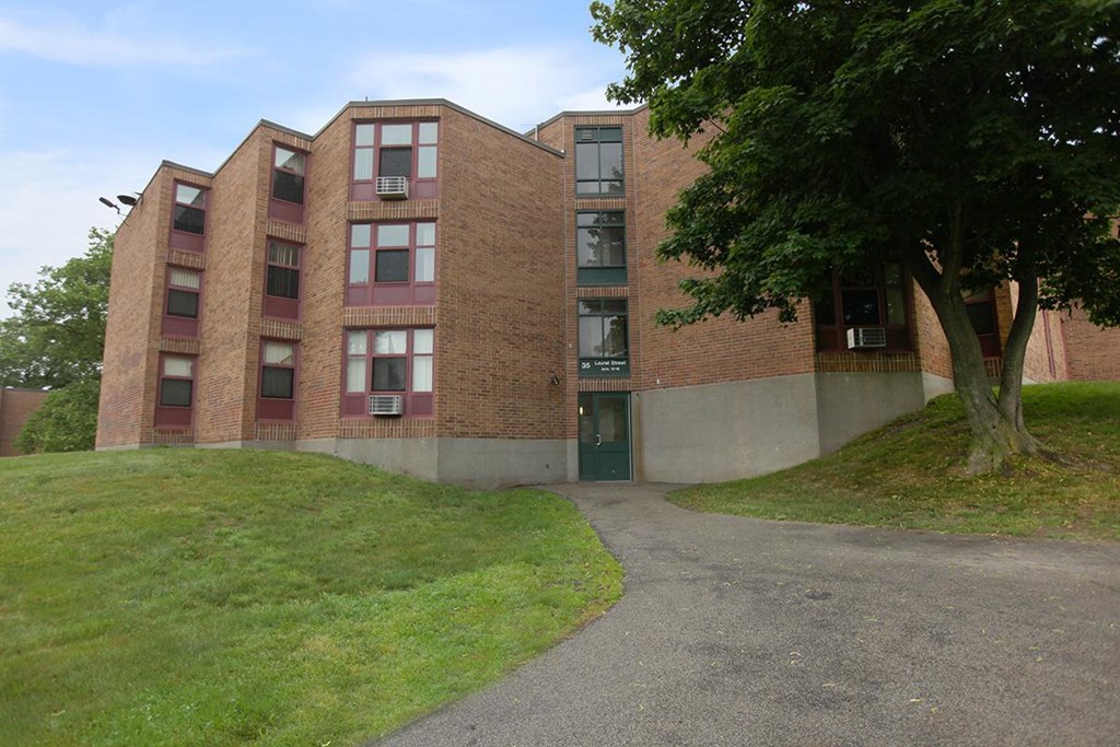 a large brick building with a tree in front of it
