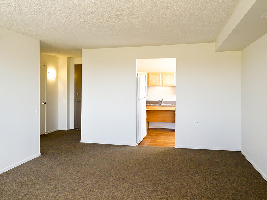 an empty living room with a kitchen in the background