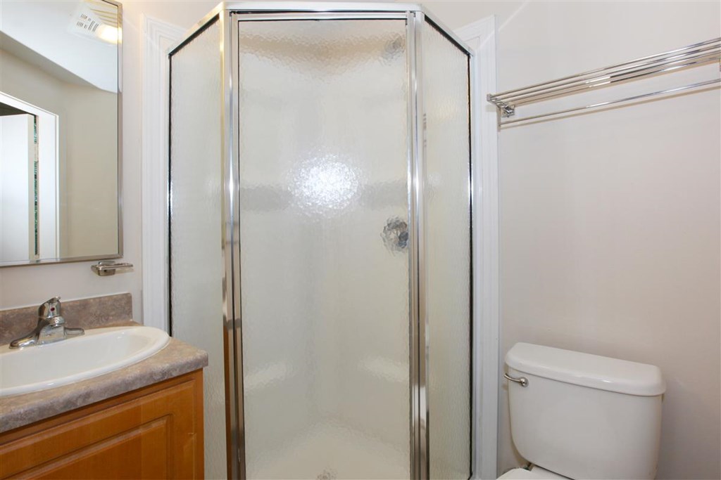 a bathroom with a shower and a sink and a toilet