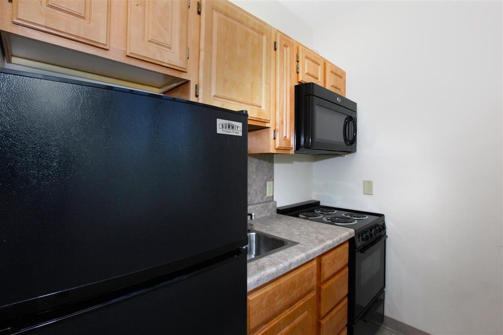 a kitchen with a black refrigerator and a stove