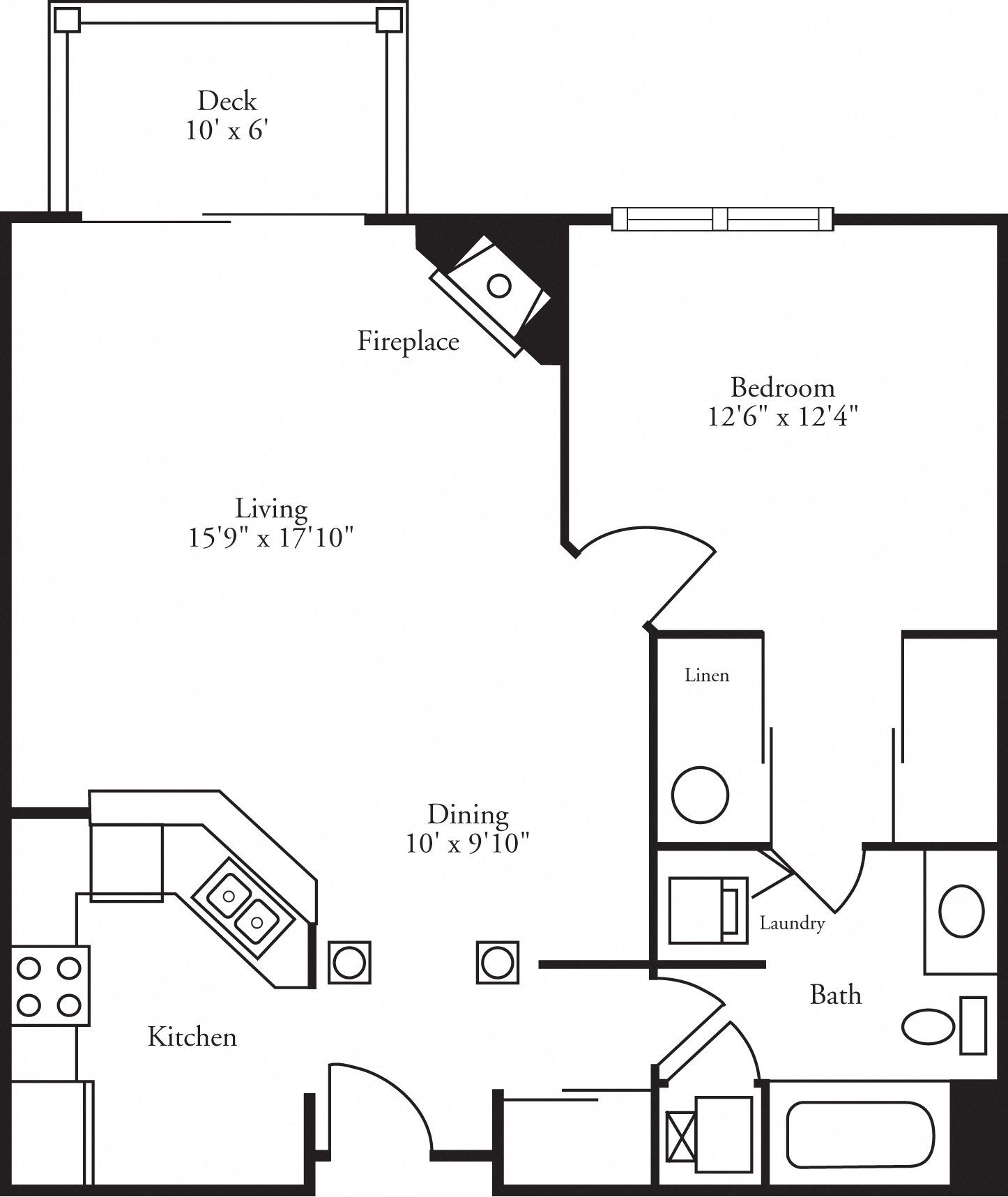Layout of the 1 Bed, 1 Bath Aberdeen apartment home located at the pinnacle at the club at brookfield hills