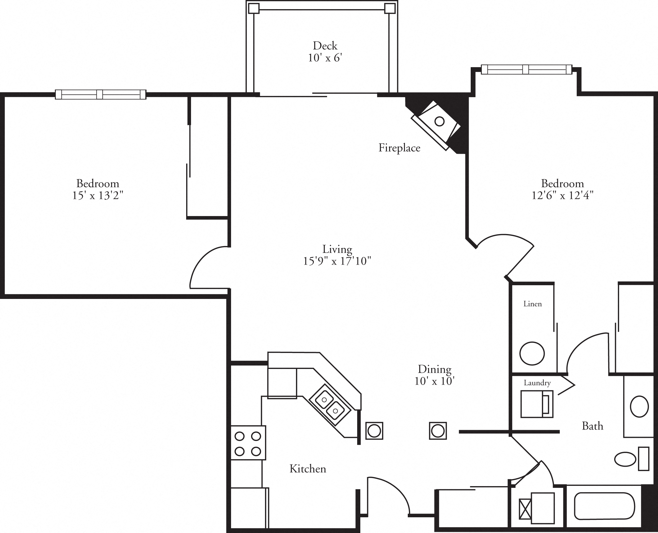 general layout of the 2 bed, 1 bath Annondale floor plan, located at the pinnacle at the club at brookfield hills