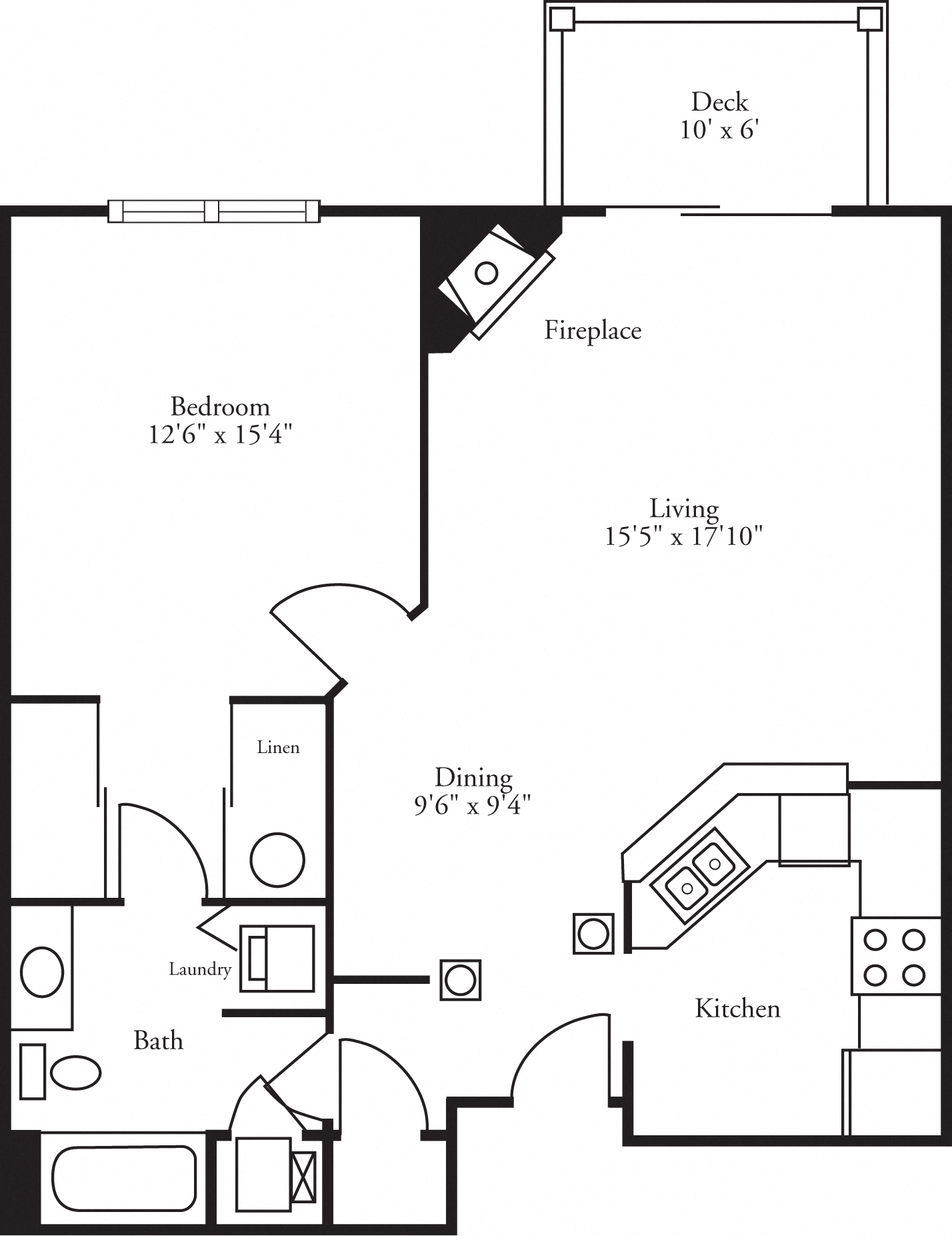 1 Bed 1 Bath Buckingham floor plan with large living space and fire place