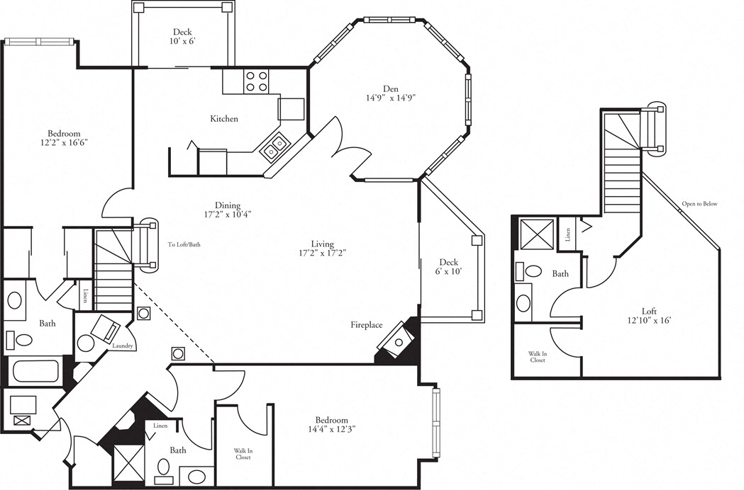 layout of the 2 Bed plus den, 3 bath Edinburough w/ loft, featuring massive windows and large living area
