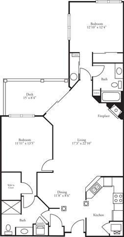 General layout for the 2 bed, 2 bath Colonial floor plan at The Pinnacle at The Club at Brookfield Hills