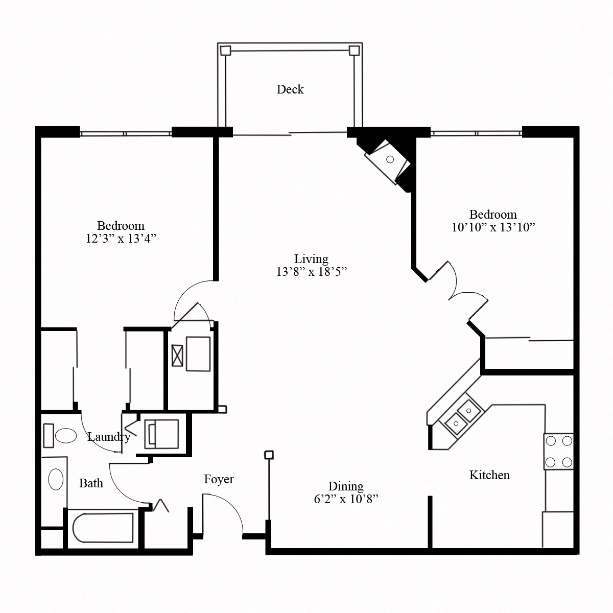 general layout of the 2 bedroom, 1 bathroom Baywood floor plan located at the pinnacle at the club at brookfield hills