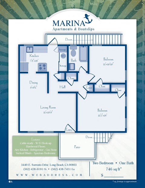 Marina Apartments & Boat Slips Long Beach, CA Two Bedroom One Bathroom Floor Plan 800 SF