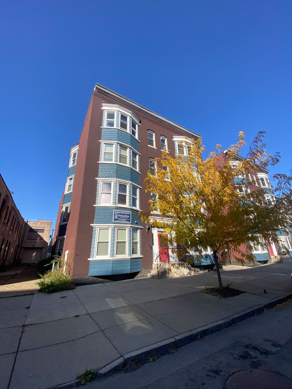 a building on a street with a tree in front of it