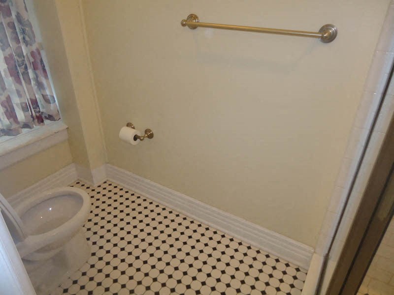 a bathroom with a toilet and a roll of toilet paper