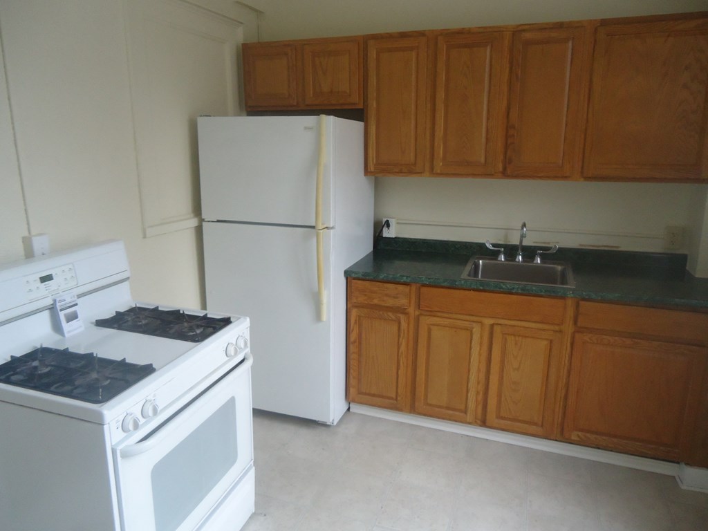 an empty kitchen with a stove refrigerator and sink