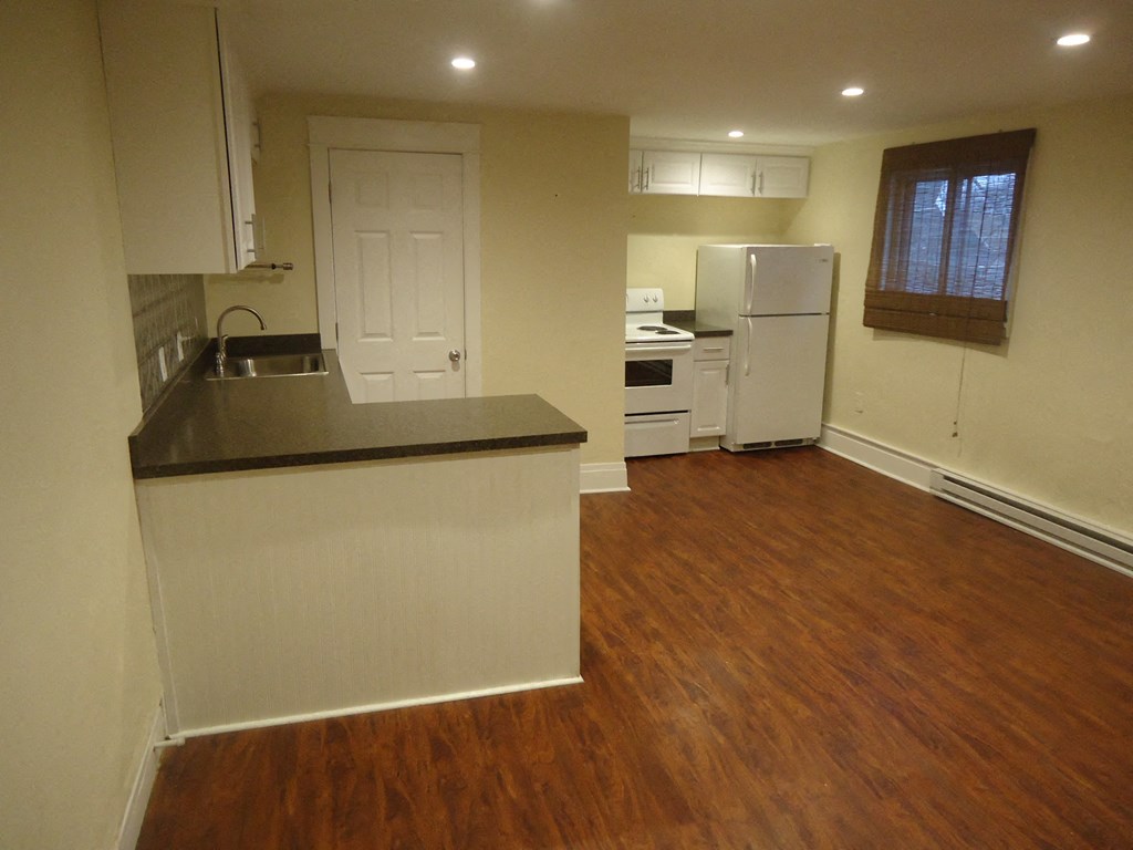 an empty kitchen with a refrigerator and a sink