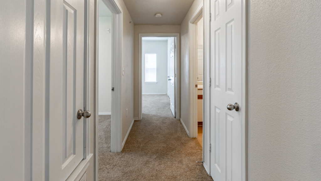a hallway with white doors and a carpeted floor