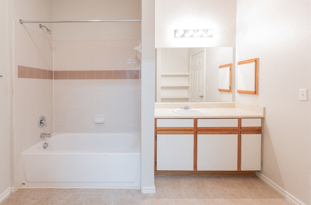 a bathroom with a tub and a sink and a mirror