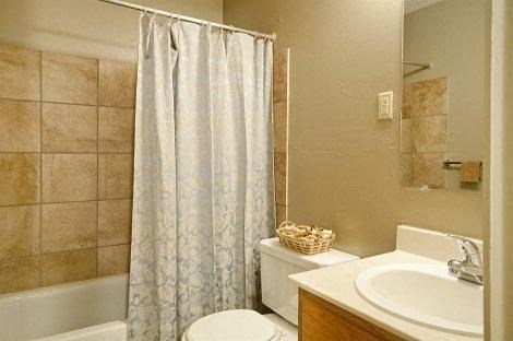 a bathroom with a shower curtain and a toilet and a sink