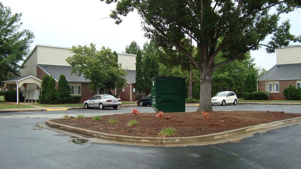a parking lot with a tree in the middle of it