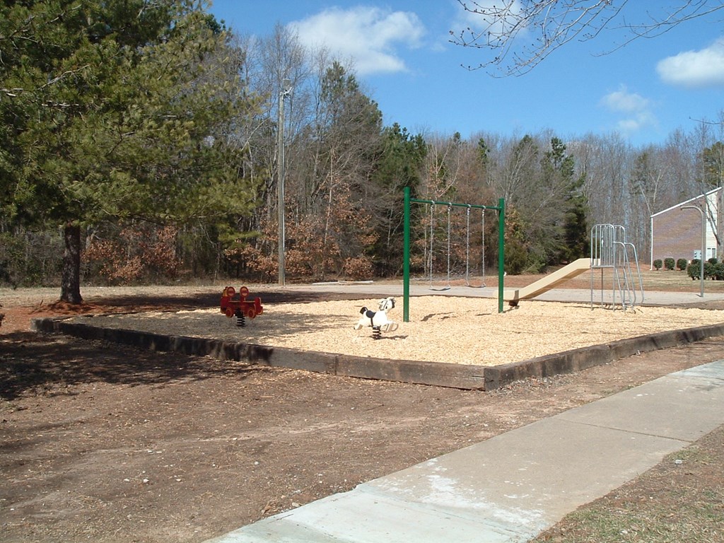 a playground with two children and a dog