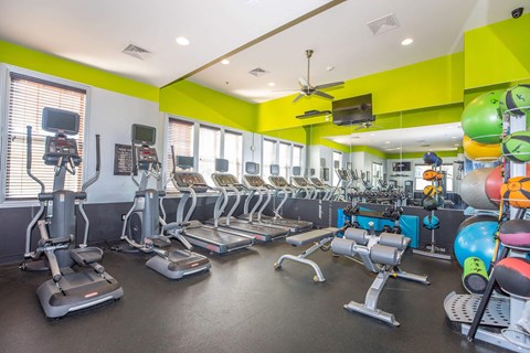 a gym with weights and cardio equipment and windows