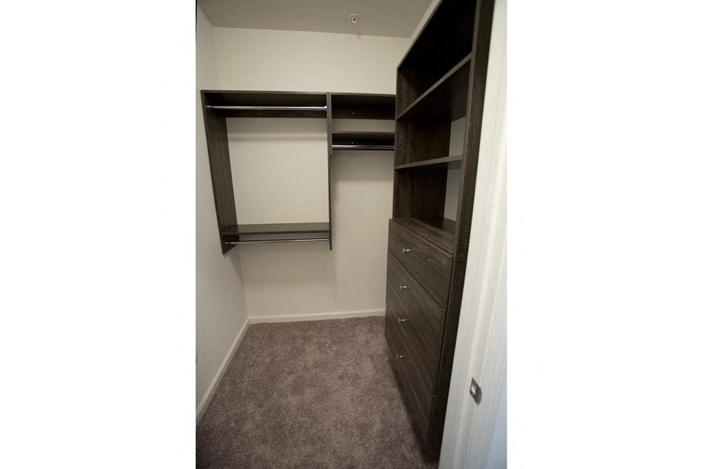 a closet in a small room with a dresser and