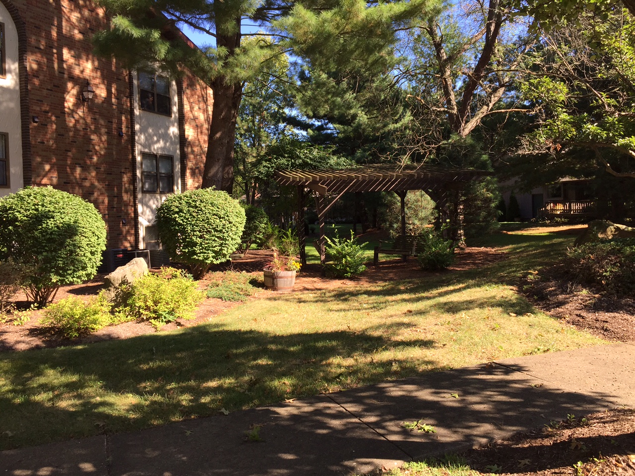 the front yard of a house with a garden and a pergola