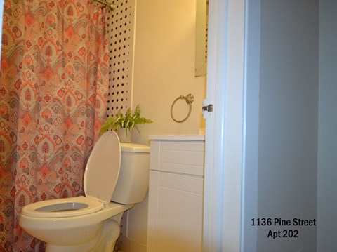 a bathroom with a toilet and a shower curtain