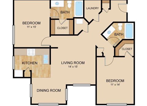 2 Bedroom_2 Bath Floor Plan, at Autumn Grove Apartments, Omaha, Nebraska 68135