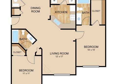 2 Bedroom_2 Bath Floor Plan, at Autumn Grove Apartments, 5380 South 156th St, NE 68135