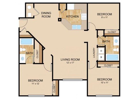 3 Bedroom_2 Bath Floor Plan, at Autumn Grove Apartments, 5380 South 156th St, Omaha