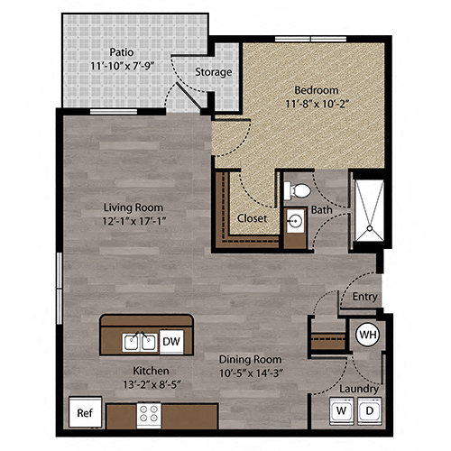 One Bedroom Floor Plan at Landings Apartments, The, Nebraska