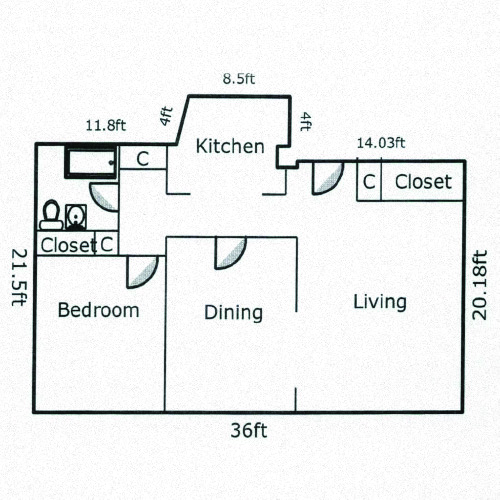 1 Bed, 1 Bath - Dining Room