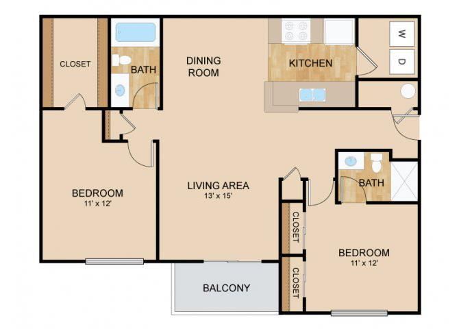 2 Bedroom 2 Bath Floor Plan 2 Bedroom 2 Bath Floor Plan, at Tiburon View Apartments, 16895 Oakmont Dr, NE 68136