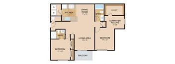 2 Bedroom  2 Bath Floor Plan, at Tiburon View Apartments, 16895 Oakmont Dr, Omaha