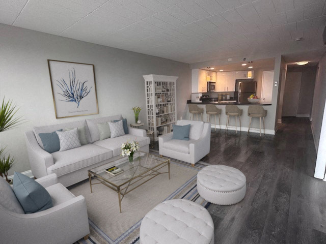 a living room with a couch and a table