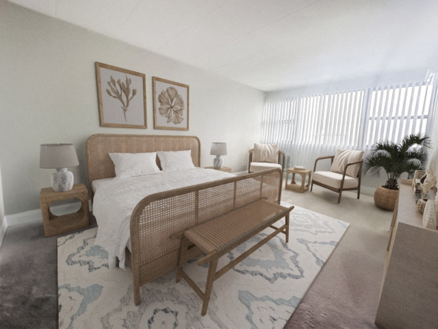 a bedroom with a bed and a bench