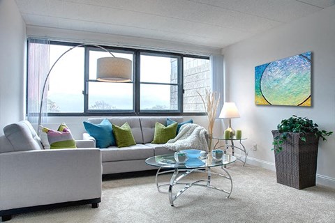 Spacious living room and large windows.