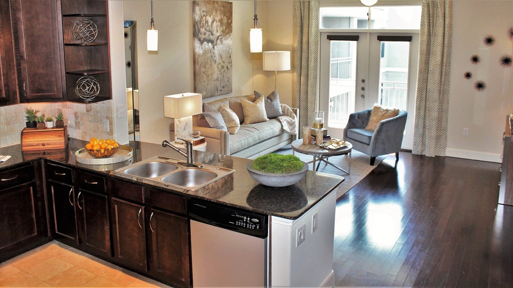 a kitchen and living room with a couch and a dishwasher