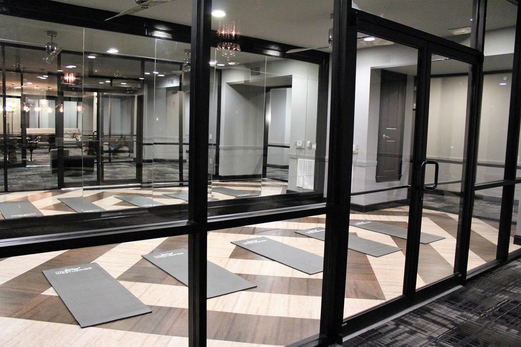 a view of a lobby from a glass door