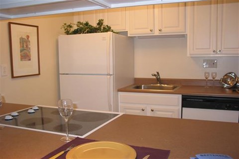 A kitchen with a white refrigerator and brown countertops.
