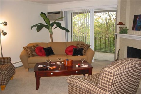 A living room with a couch, chair, and coffee table.
