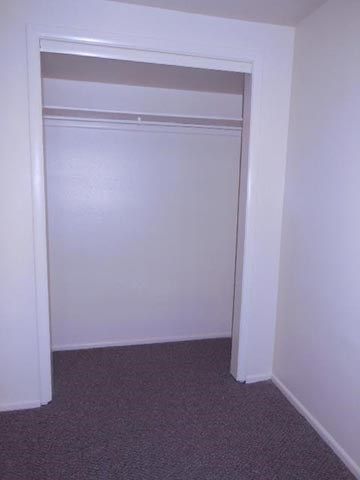 a white room with a closet and a gray carpet