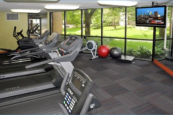 Fitness room with treadmills facing a TV and a large window - Photo Gallery 10