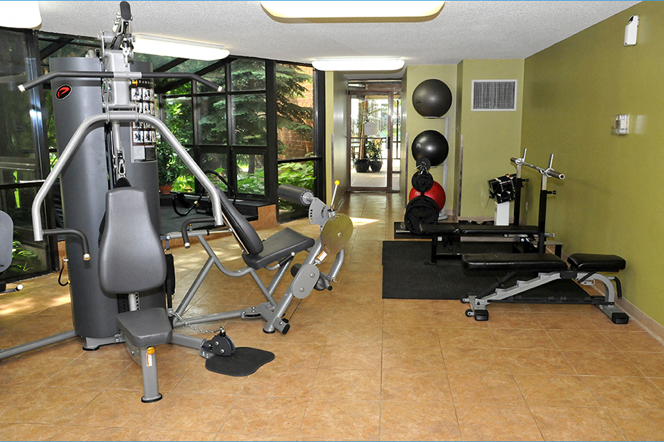 Fitness room with weights, yoga balls, pull machine, and large windows