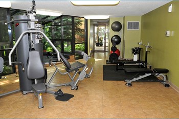 Fitness room with weights, yoga balls, pull machine, and large windows - Photo Gallery 11